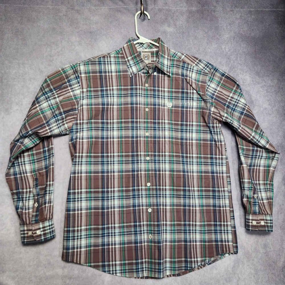 Cinch Mens Long Sleeve Western Plaid Button Down Shirt Tan Blue Green size Small